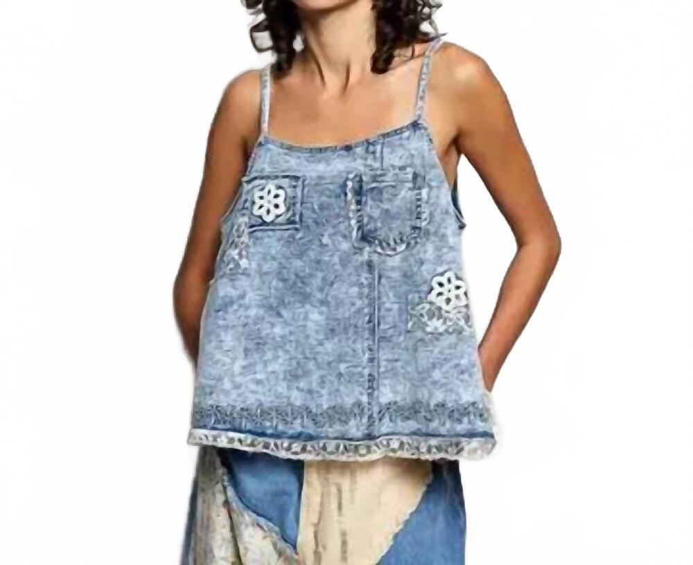 NEW POL square neck lace crochet top in denim